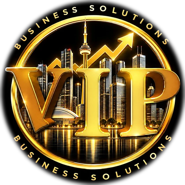 VIP Business Solutions logo: gold VIP letters over the Toronto skyline with a rising arrow
